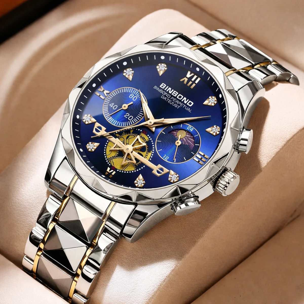 Chronograph no active Watch For Men Stainless Steel Wristwatches-Silver&Blue