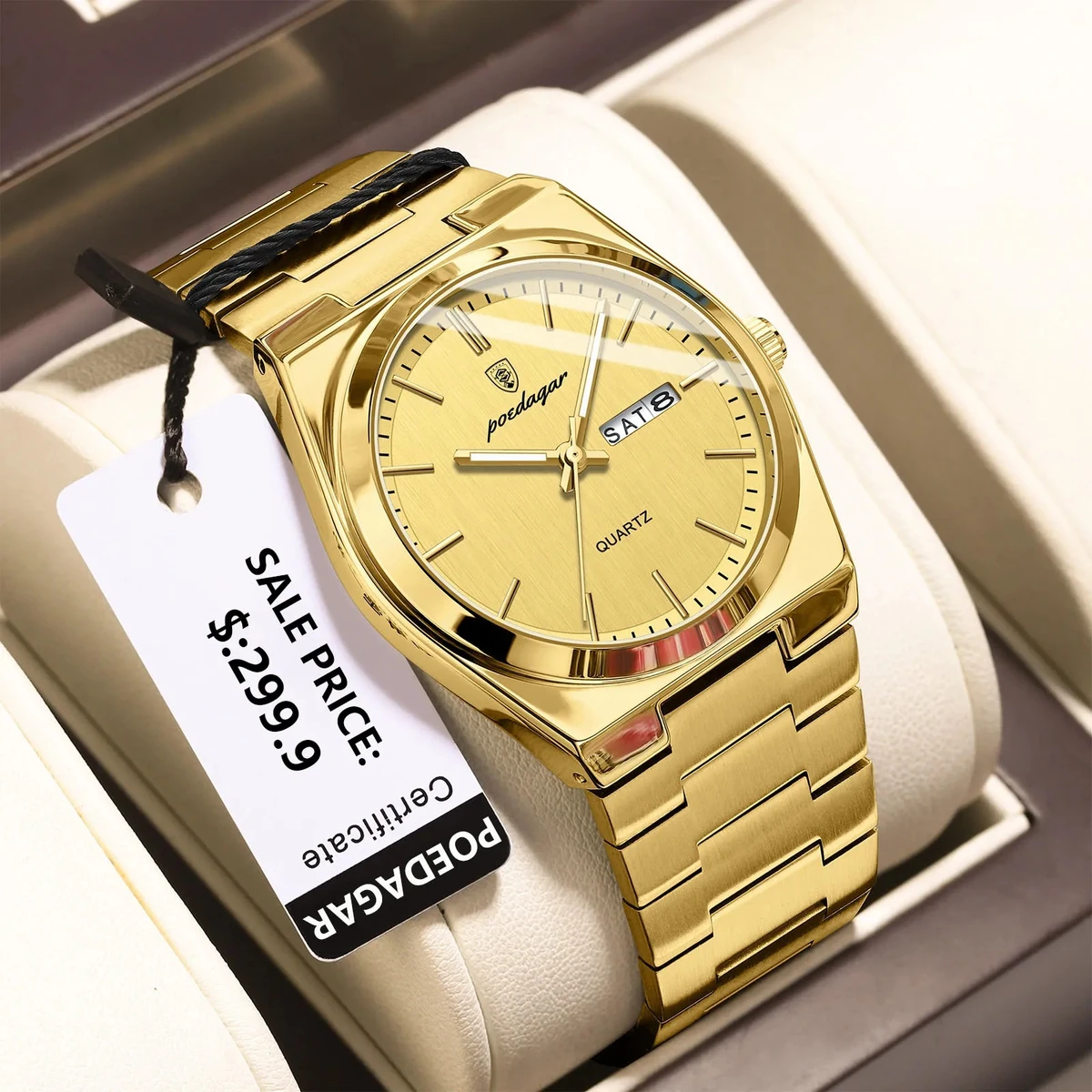 Poedagar Model 930 Stainless Steel Quartz Wristwatch for Men - full Golden