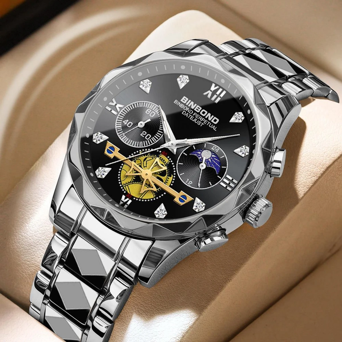 Chronograph no active Watch For Men Stainless Steel Wristwatches-full silver & Black