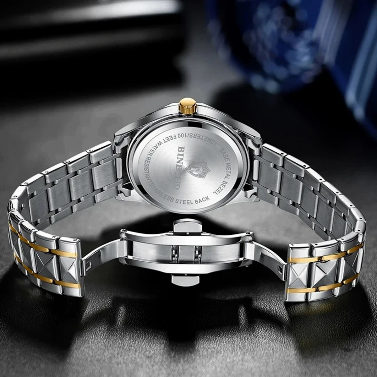 Binbond Cutting men's watch night light dual calendar watch men's quartz watch diamond ceiling glass-  full Silver