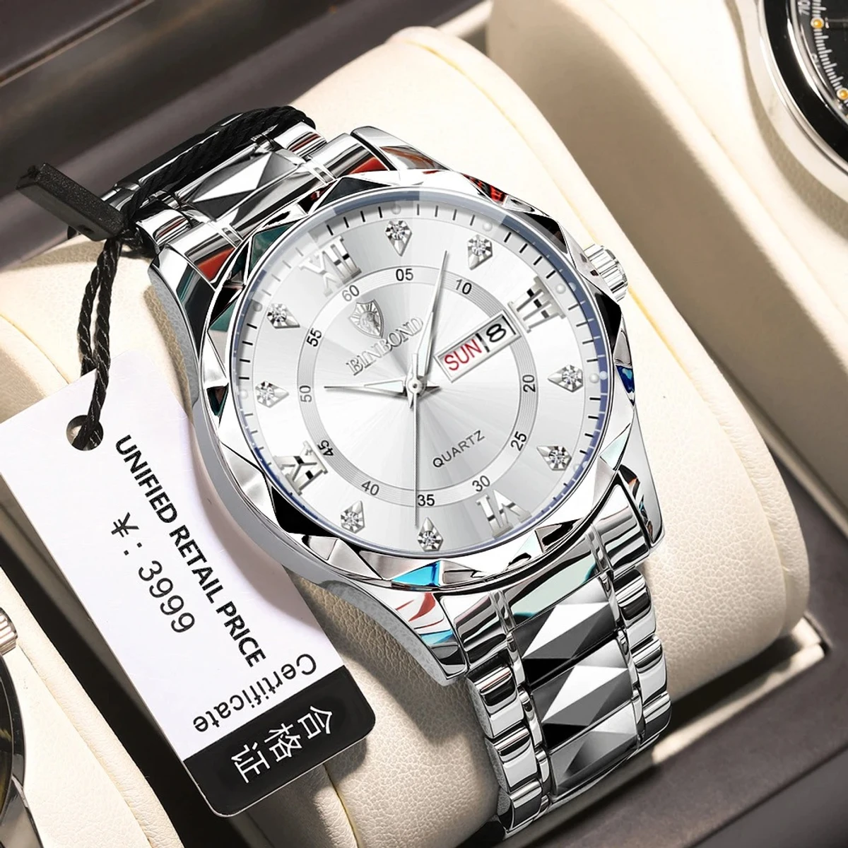 Binbond Cutting men's watch night light dual calendar watch men's quartz watch diamond ceiling glass-  full Silver