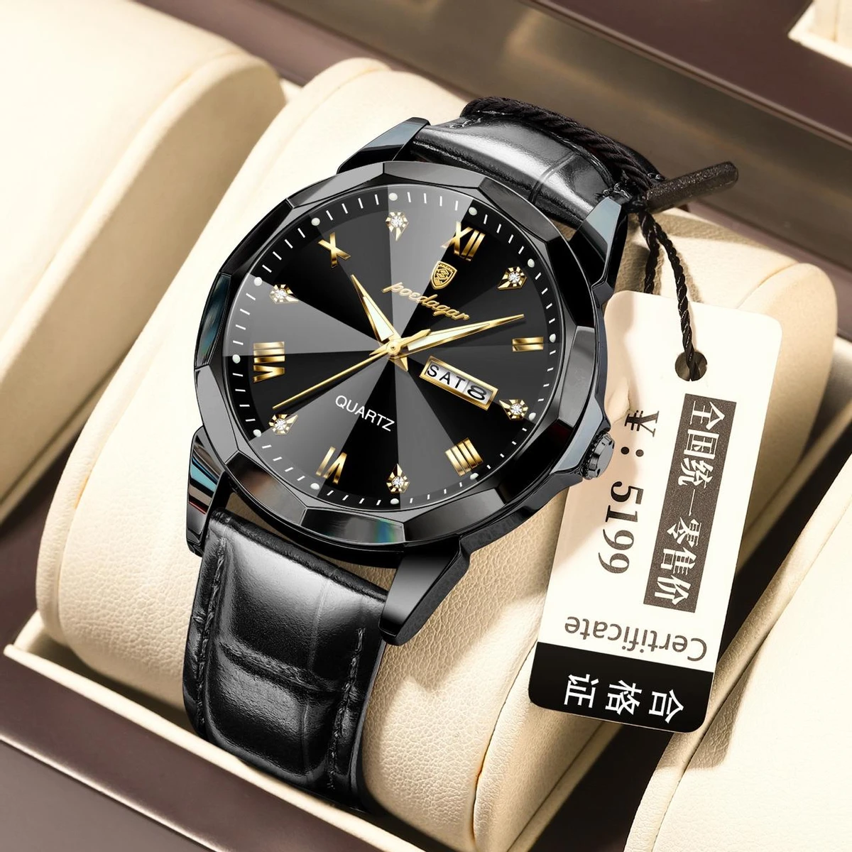 POEDAGAR 810 Luminous Date Week Watch For Men-Black