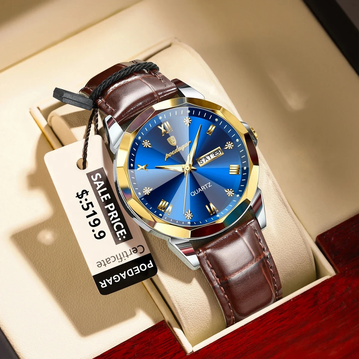 POEDAGAR 615 Luminous Date Week Watch For Men-Golden&Blue