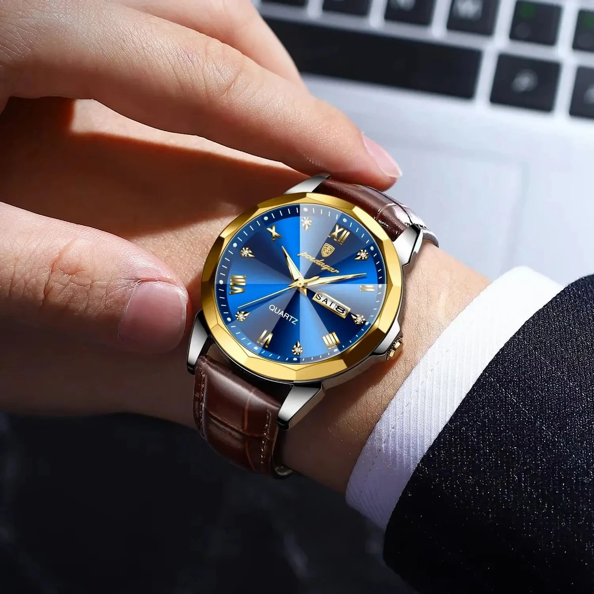 POEDAGAR 615 Luminous Date Week Watch For Men-Golden&Blue