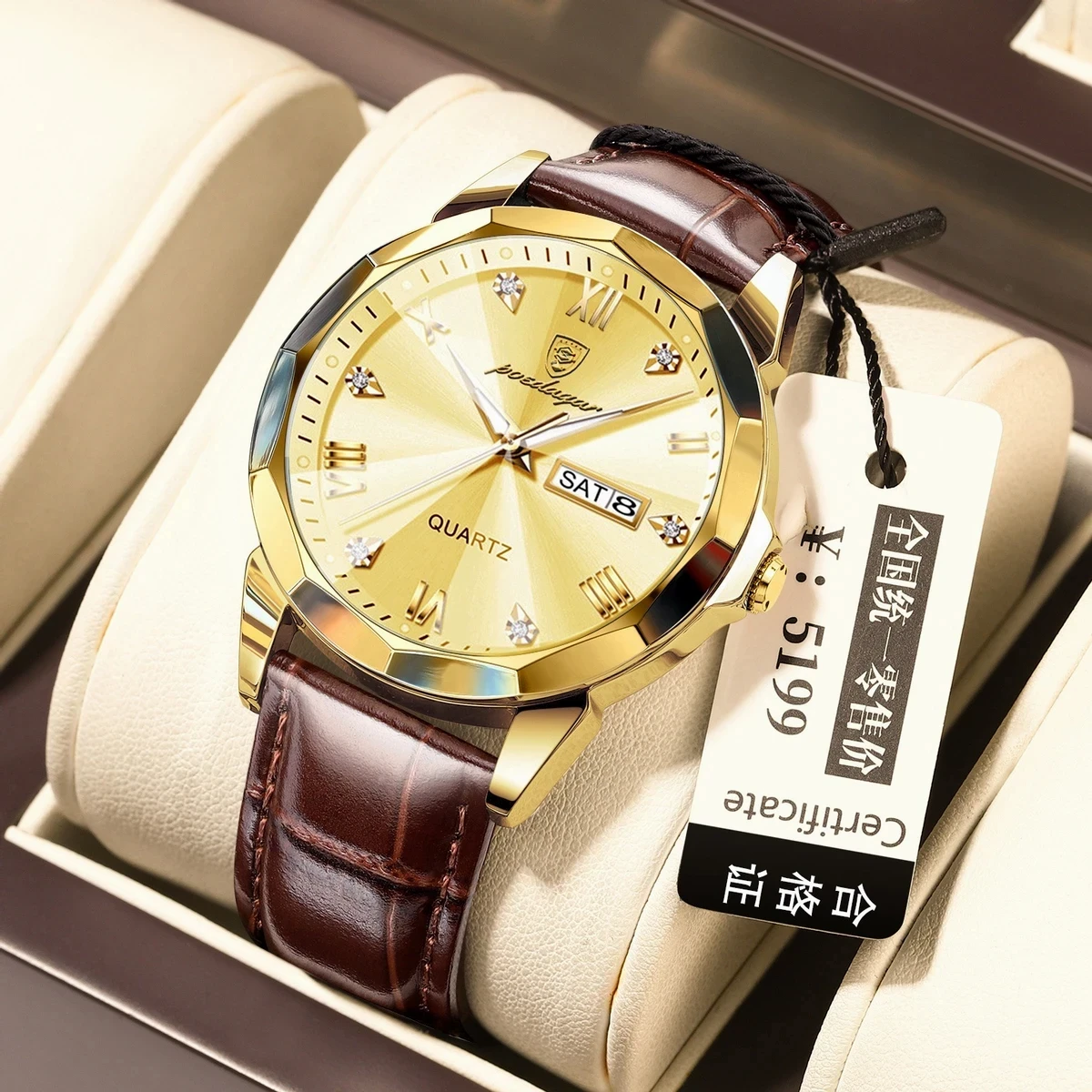 POEDAGAR 615 Luminous Date Week Watch For Men-Golden