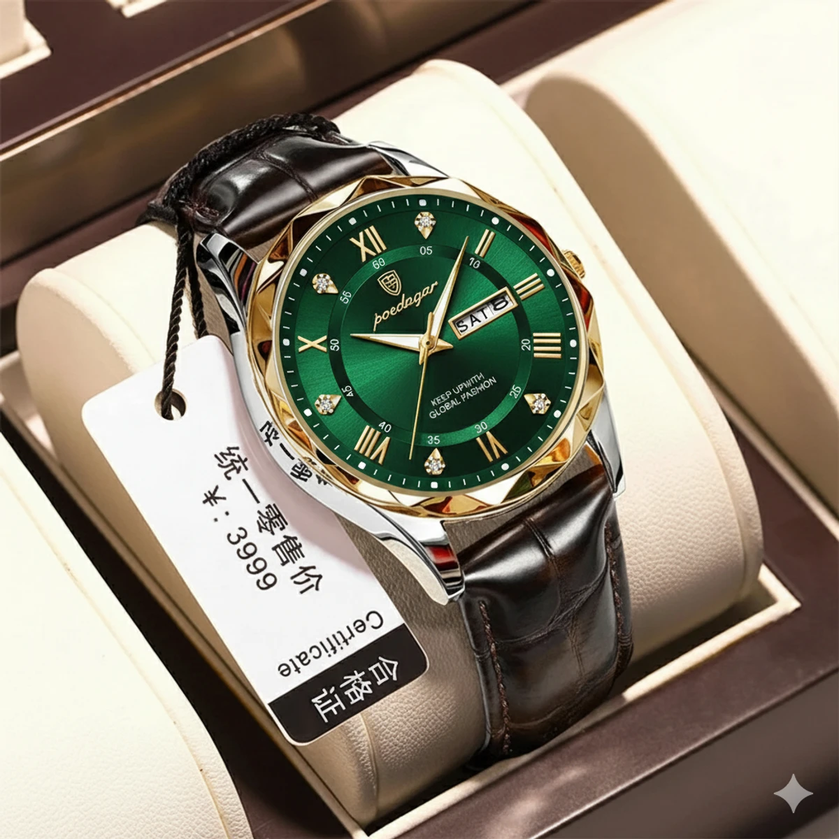 POEDAGAR 615 Luminous Date Week Watch For Men-Golden&Green