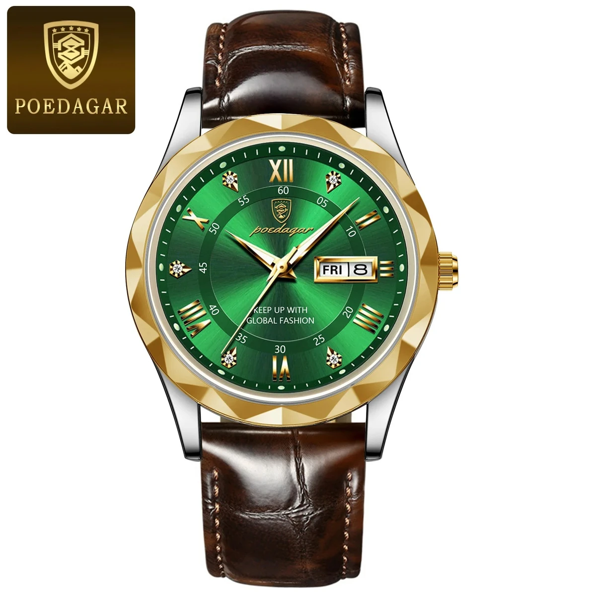 POEDAGAR 615 Luminous Date Week Watch For Men-Golden&Green