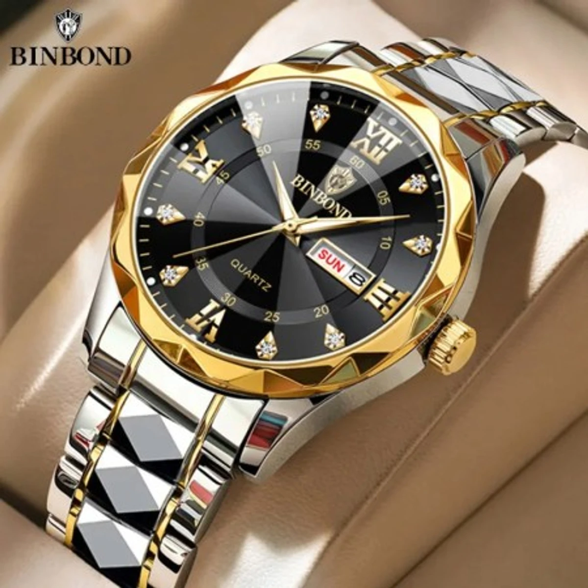 Binbond Cutting men's watch night light dual calendar watch men's quartz watch diamond ceiling glass- Golden&Black&Silver
