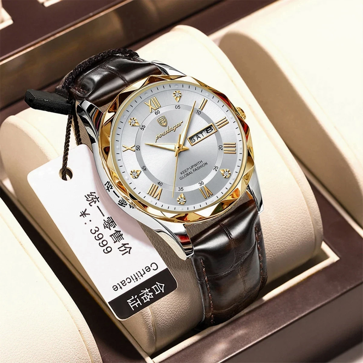 POEDAGAR 615 Luminous Date Week Watch For Men-Golden& Silver