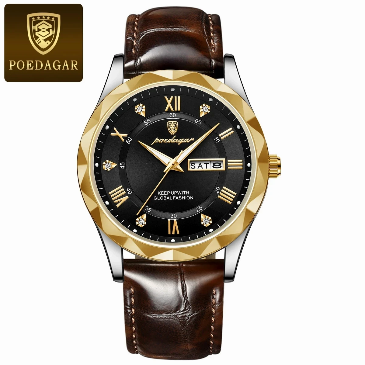 POEDAGAR 615 Luminous Date Week Watch For Men-Golden&Black