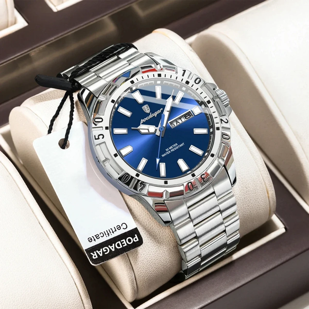 POEDAGAR 959 Exclusive Men's Wrist Watch Stainless Steel Fashionable Quartz Watch-Silver & Blue