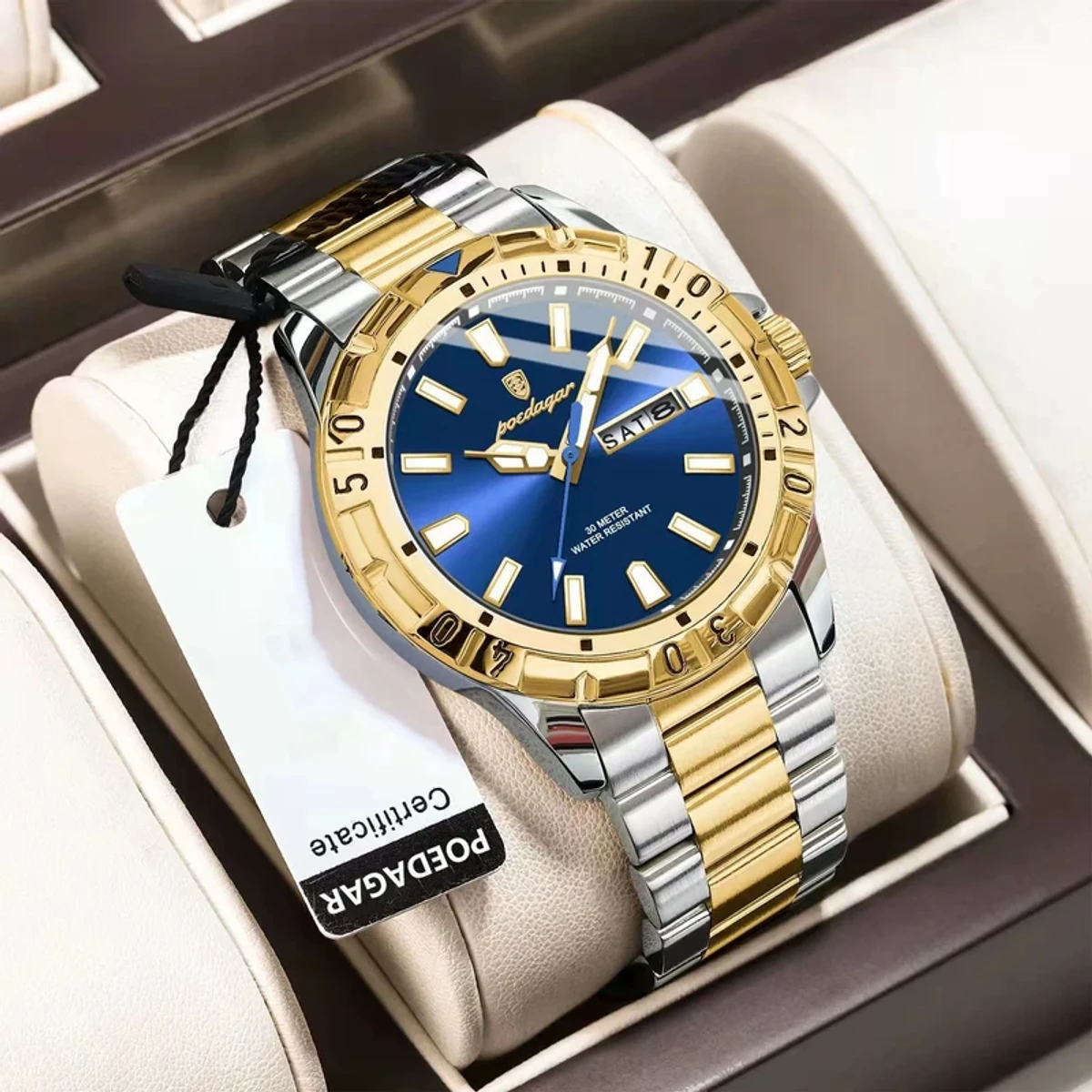 POEDAGAR 959 Exclusive Men's Wrist Watch Stainless Steel Fashionable Quartz Watch- Golden& Blue