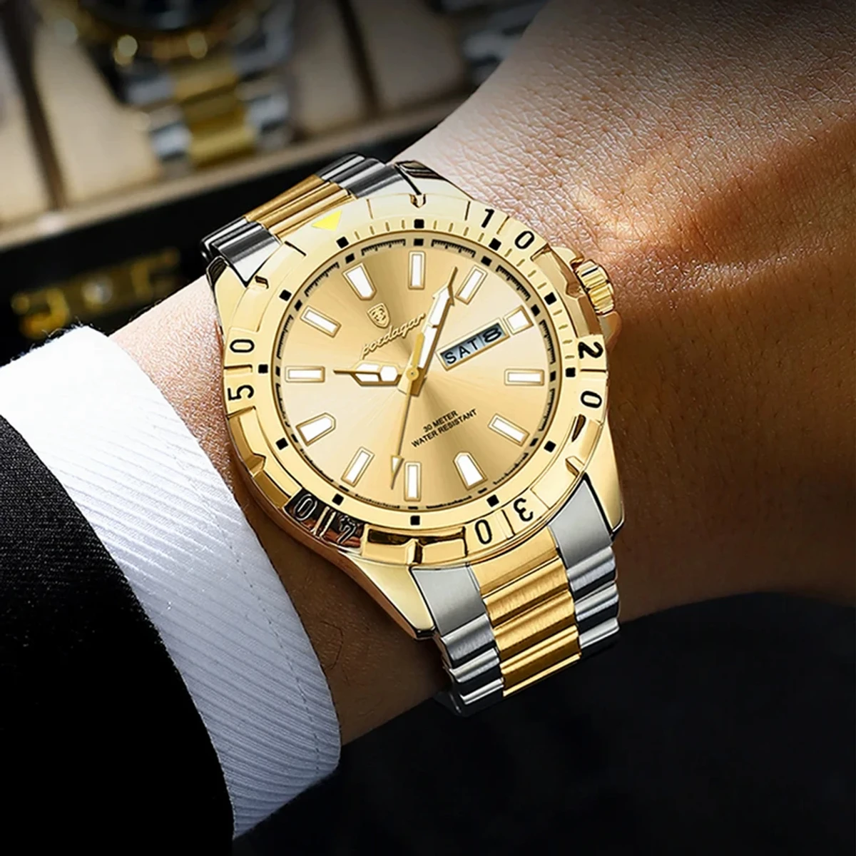 POEDAGAR 959 Exclusive Men's Wrist Watch Stainless Steel Fashionable Quartz Watch- Golden