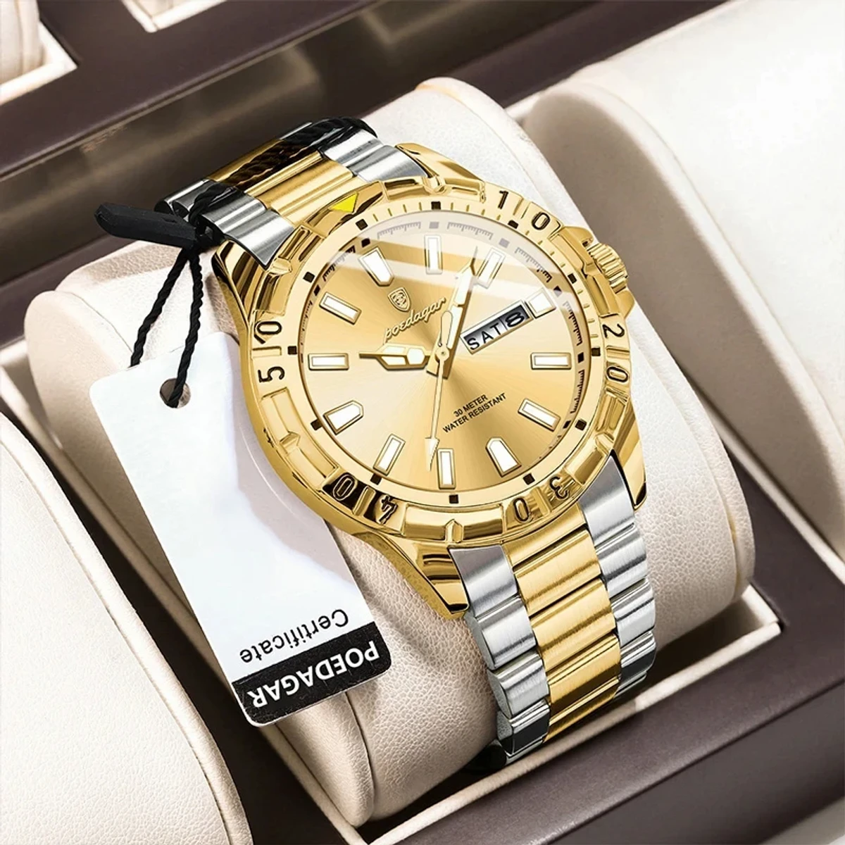 POEDAGAR 959 Exclusive Men's Wrist Watch Stainless Steel Fashionable Quartz Watch- Golden