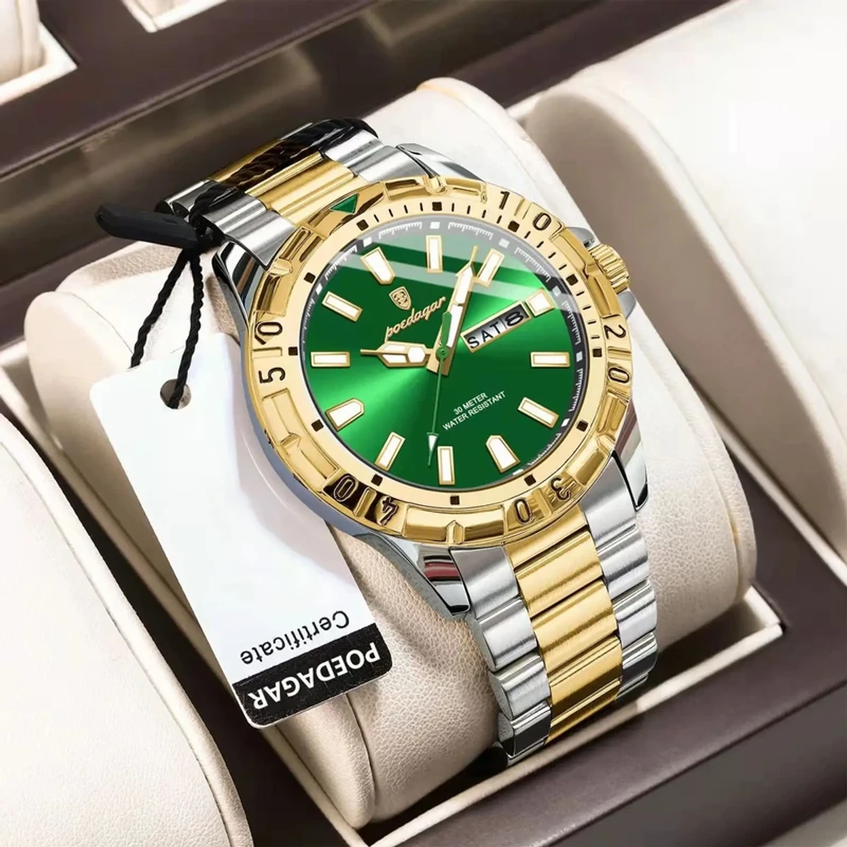 POEDAGAR 959 Exclusive Men's Wrist Watch Stainless Steel Fashionable Quartz Watch-Golden& Green