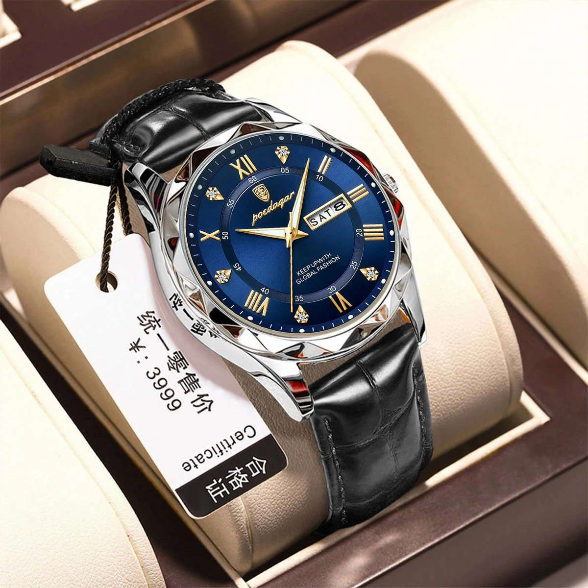 POEDAGAR 810 High Quality Quartz Sports Business Leather Men's Watches-Silver&Blue