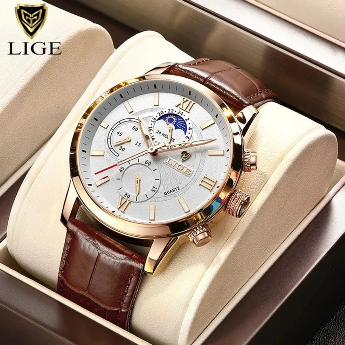 LIGE Top Brand Luxury Leather Casual Quartz Watch for Men-Golden&White