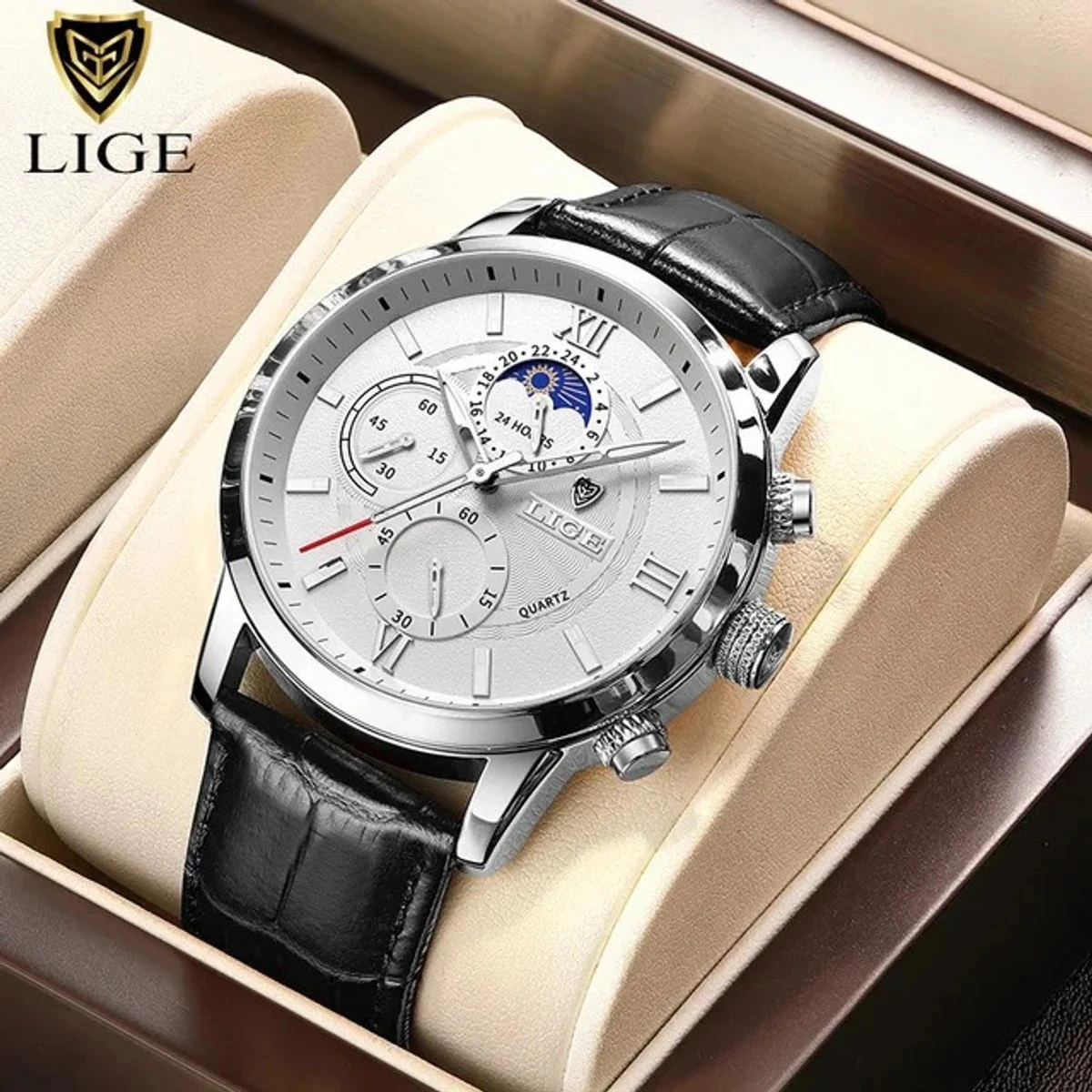 LIGE Top Brand Luxury Leather Casual Quartz Watch for Men-Silver&White
