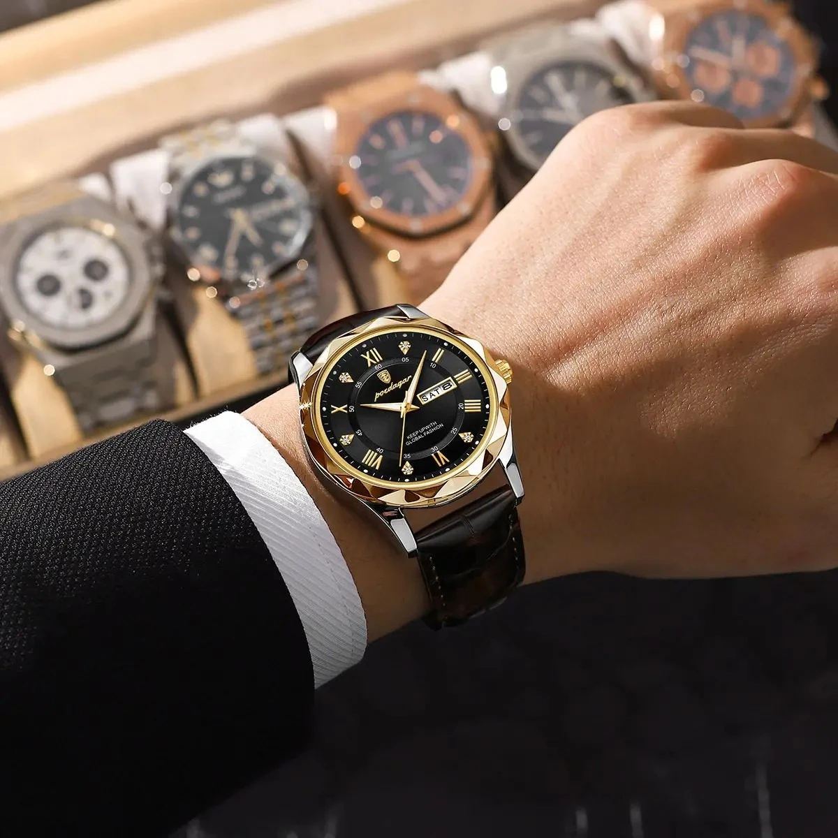 POEDAGAR 615 Luminous Date Week Watch For Men-Golden and Black