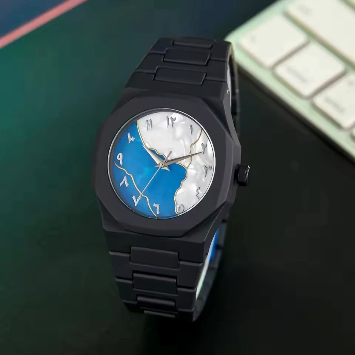 Arabic disit Carbon Fiber body men's watch (46gm weight)-White&Blue