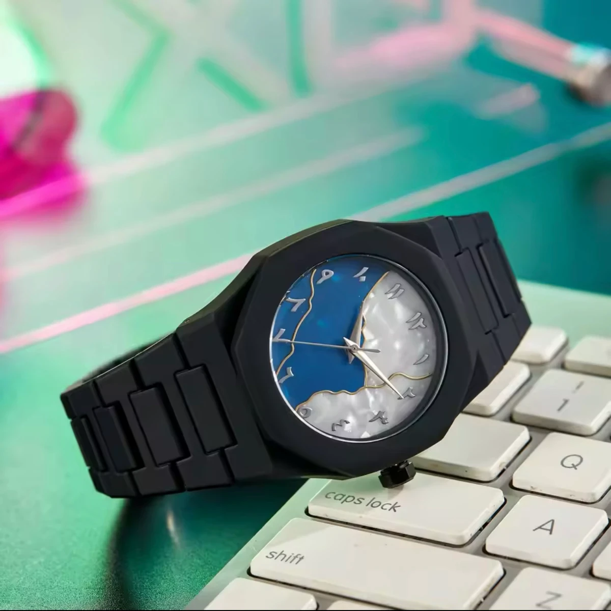 Arabic disit Carbon Fiber body men's watch (46gm weight)-White&Blue